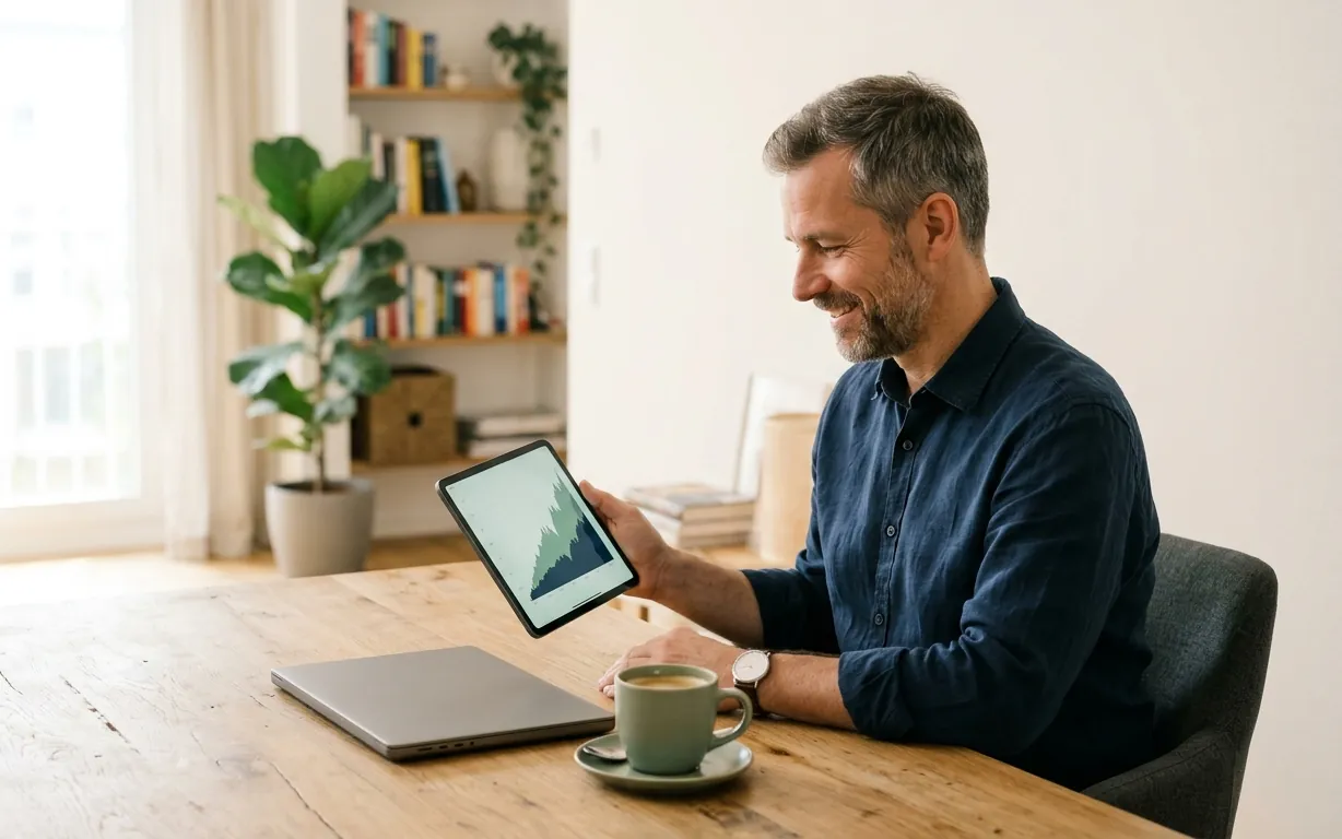 Anleger am hellen Esstisch mit Tablet und Depot-Chart – vermögensverwaltende GmbH